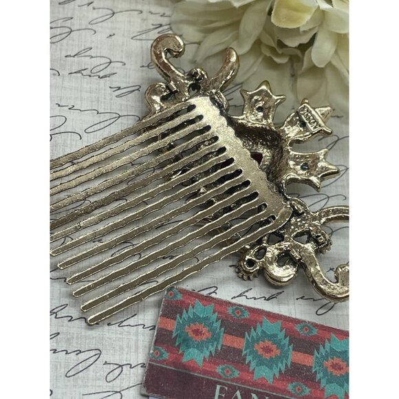 Vintage Style Victorian Ruby Emerald Rhinestone Hair Comb Gold Medieval 3 inch l - Picture 4 of 8